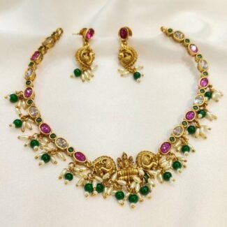 temple-design-pink-and-green-stone-with-pearl-drops-and-earrings